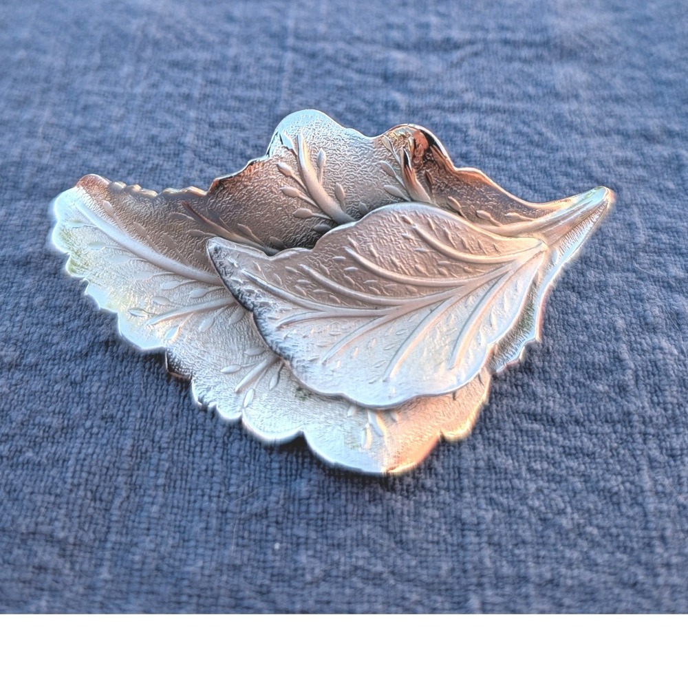 Vintage Silver Tone Double Leaf Brooch Textured Botanical Pin 2.5" SHINY